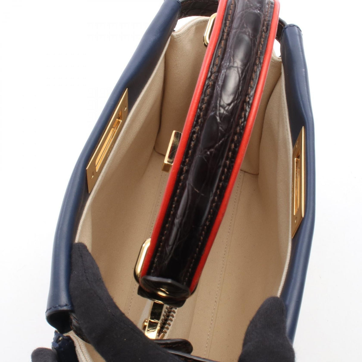 FENDI Peekaboo Regular 2WAY Handbag Beige/Navy/Red canvas�leather 8BN290 2101219982625