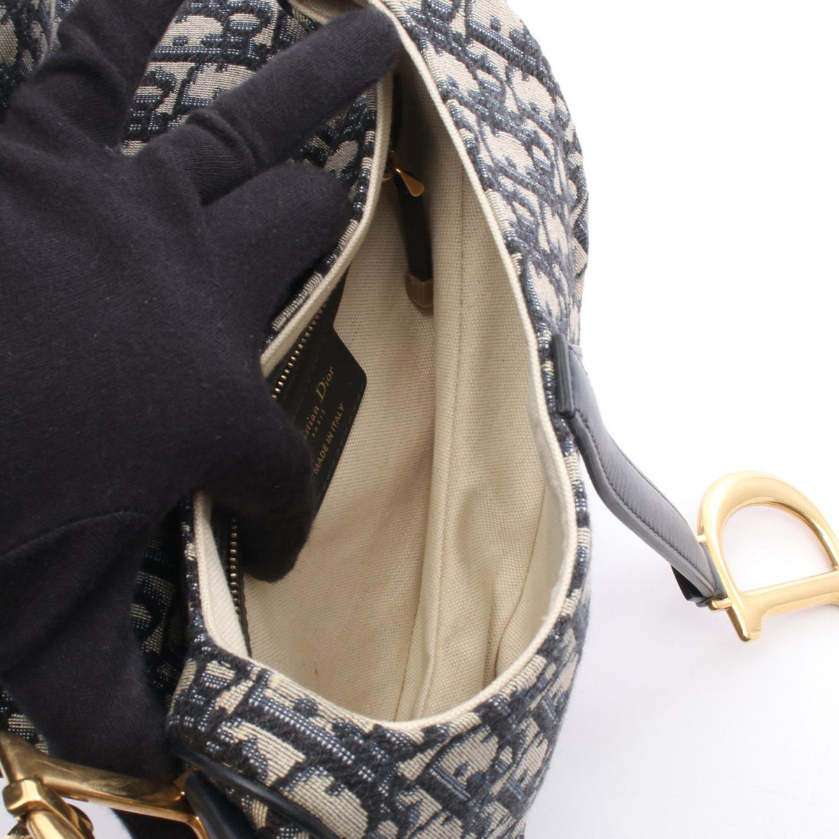 Dior SADDLE Oblique 2-Way Saddle Handbag Navy/Beige canvas�leather 05-RU-1108 2106800635867