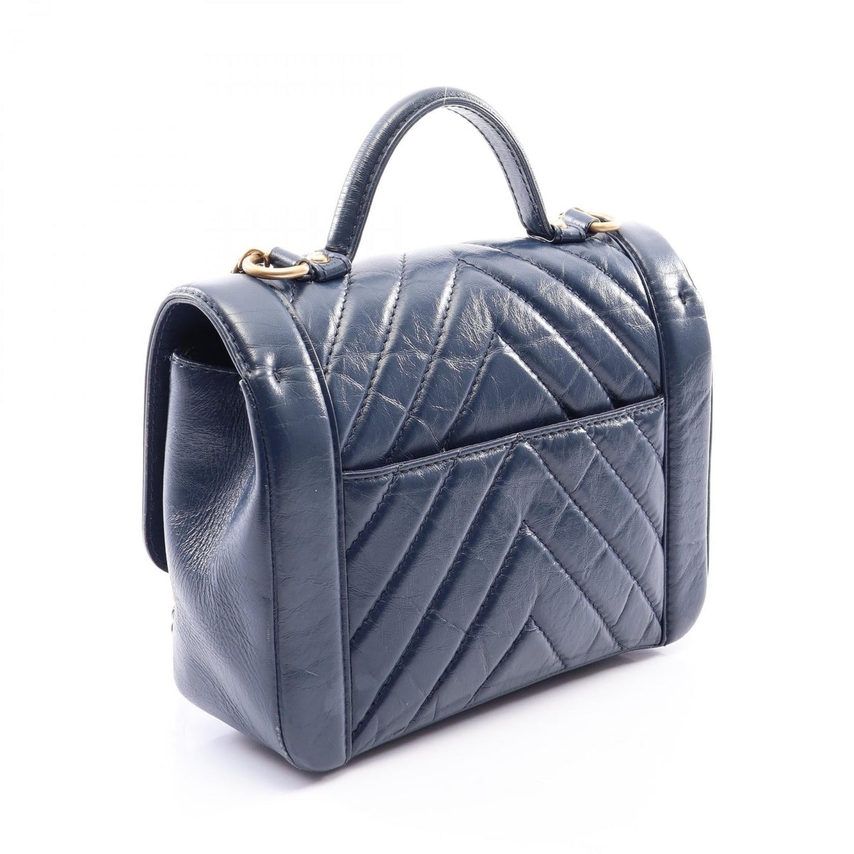 CHANEL Navy Chevron V-stitch top handle 2-way bag leather A57213 2120100032812