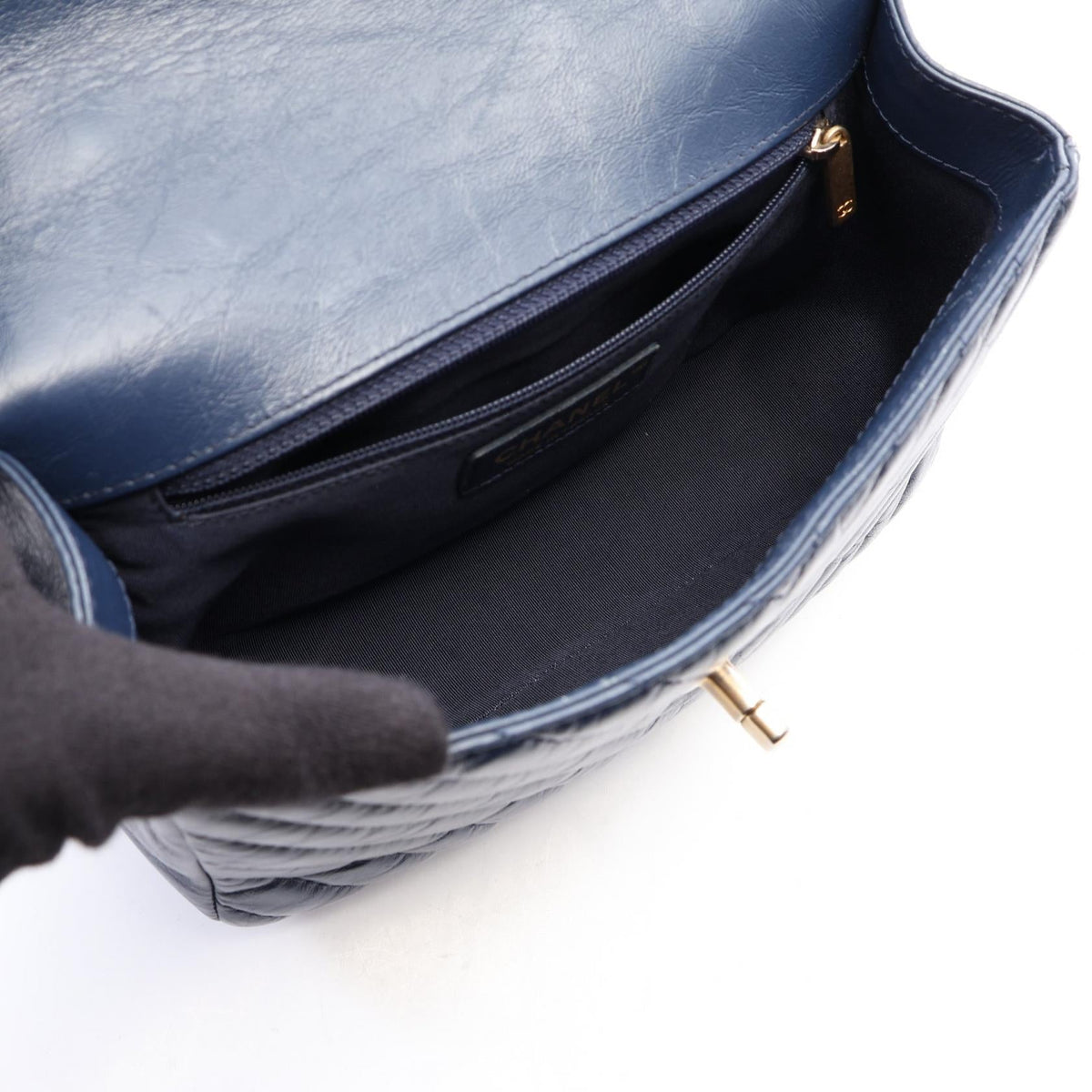 CHANEL Navy Chevron V-stitch top handle 2-way bag leather A57213 2120100032812