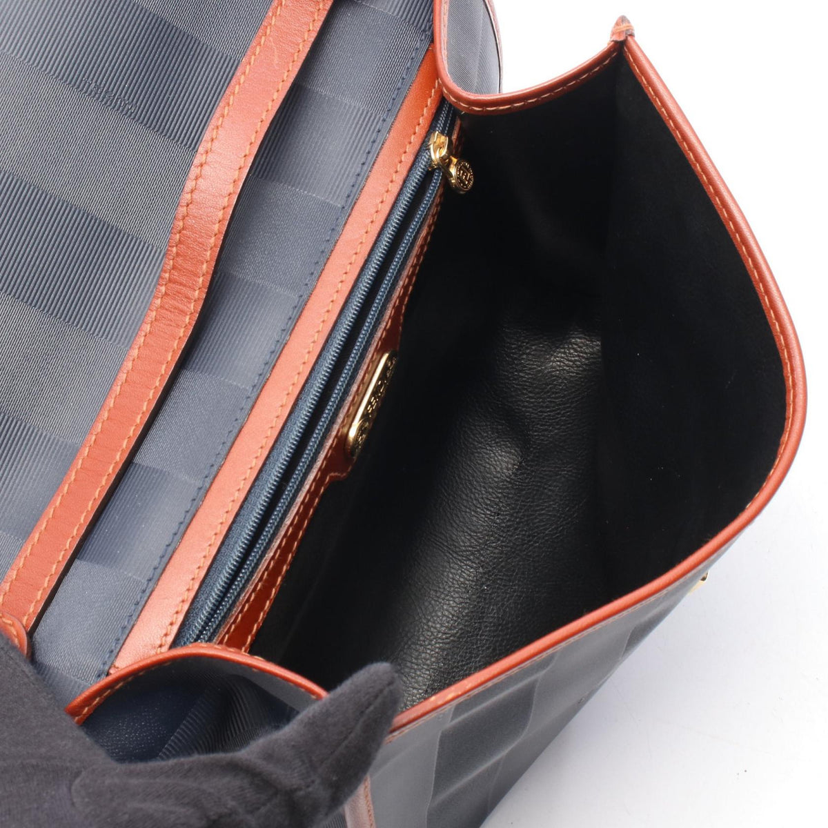 FENDI Pecan Shoulder Bag Navy/Brown PVC coated canvas leather 2101219929194
