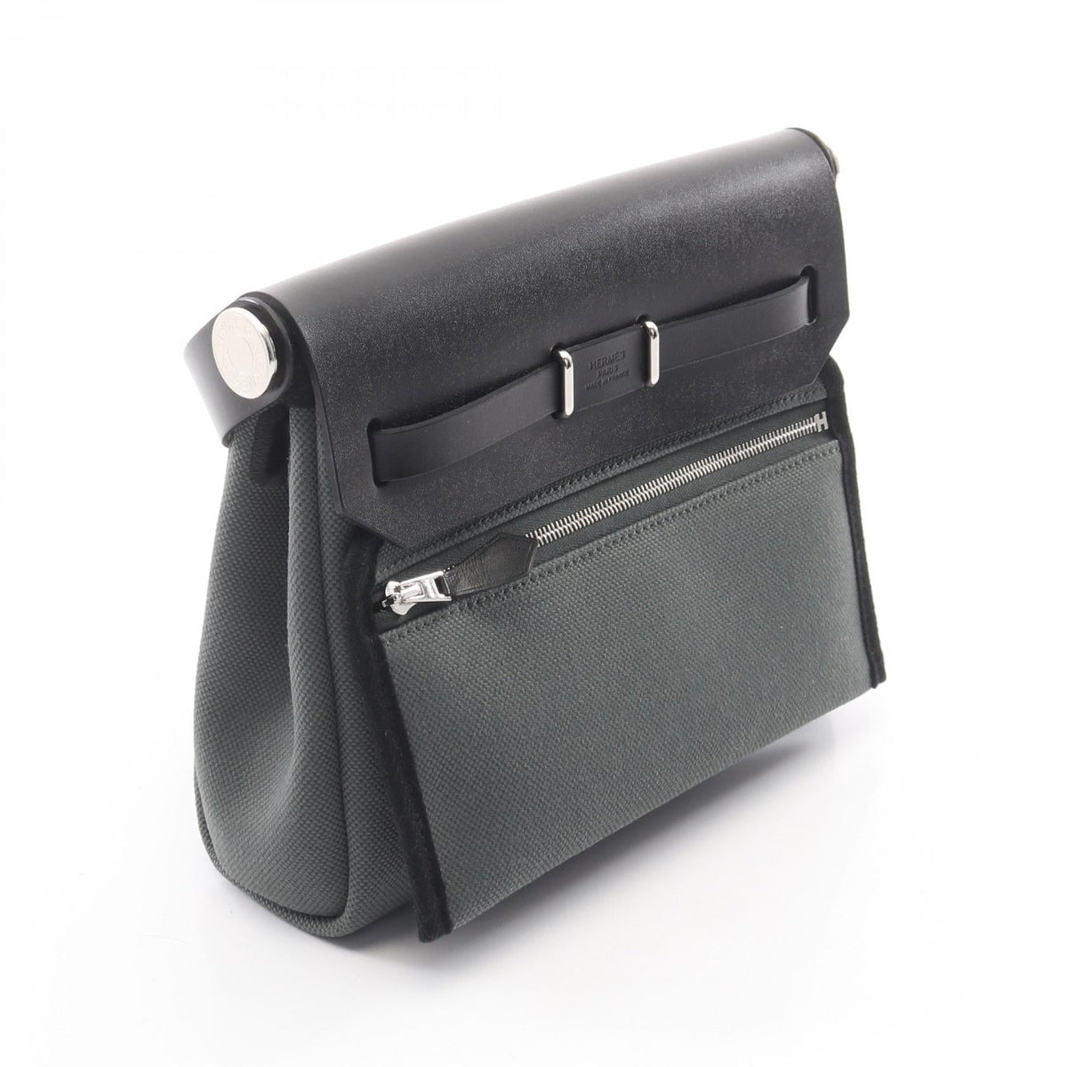 HERMES Airbag Zip Mini Shoulder Bag Green/Black Vache leather hunter canvas leather Vache leather hunter / toile military 2120300051798