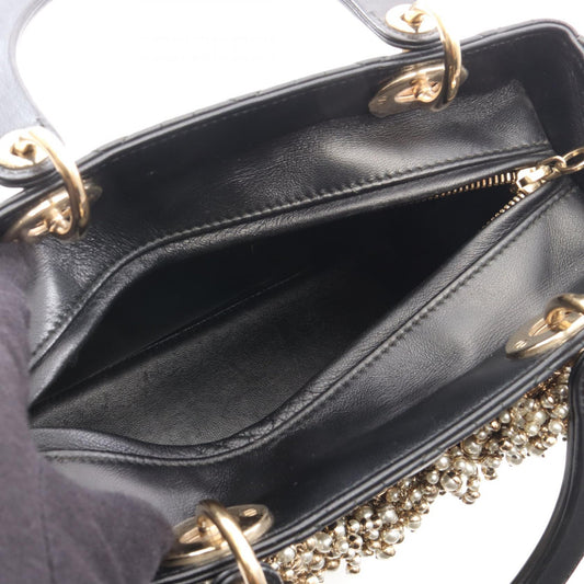 Dior LADY DIOR Christian Dior Medium Cannage Artificial Pearl 2WAY Handbag Black leather 2101219925059