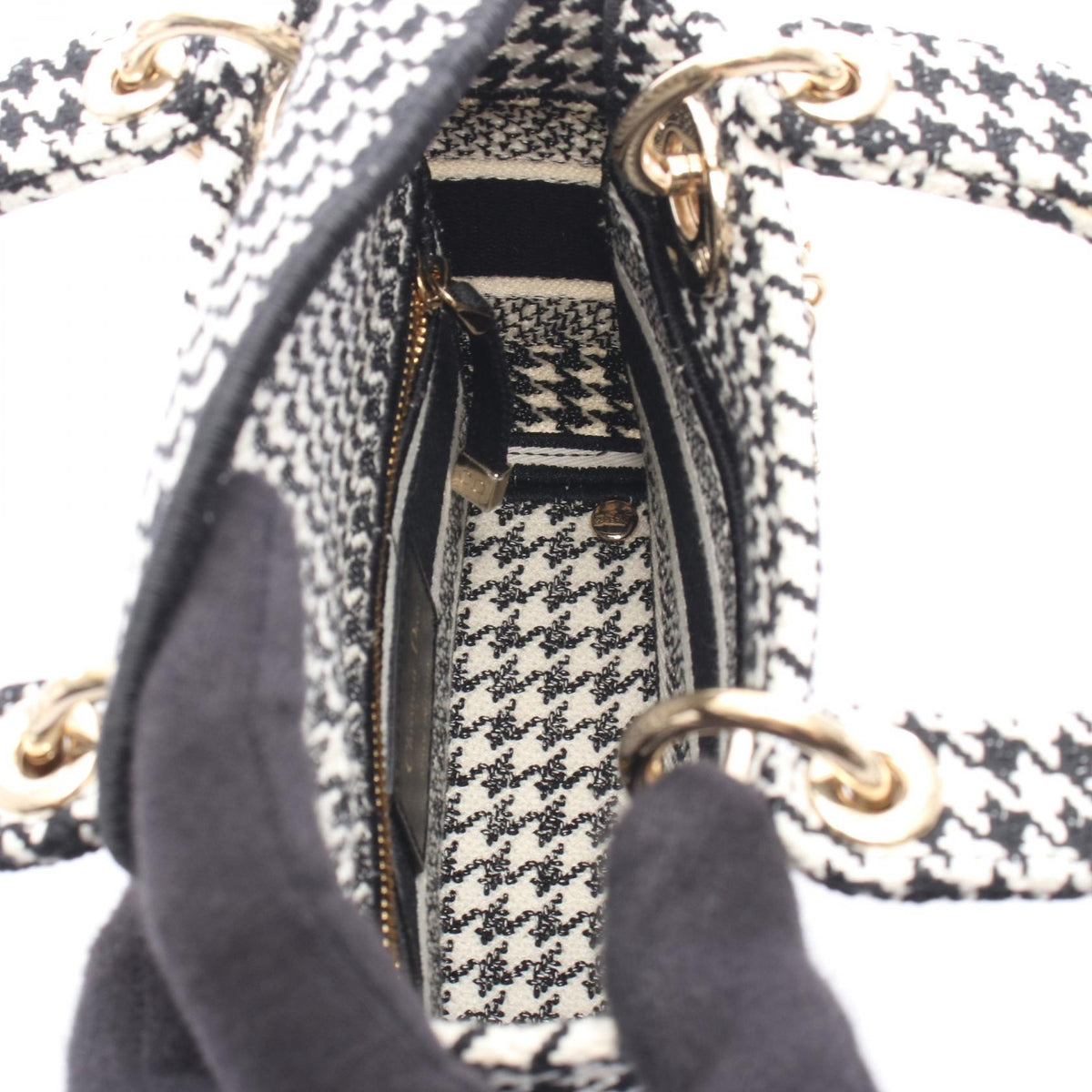 Dior LADY D-LITE Mini Houndstooth 2-Way Bag Handbag Black/White canvas 2106800632330