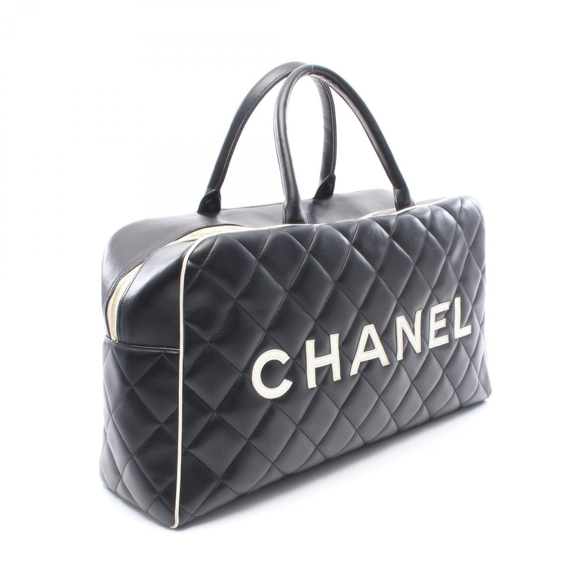 CHANEL Black/White Matelasse Bowling Bag leather 2101219908854
