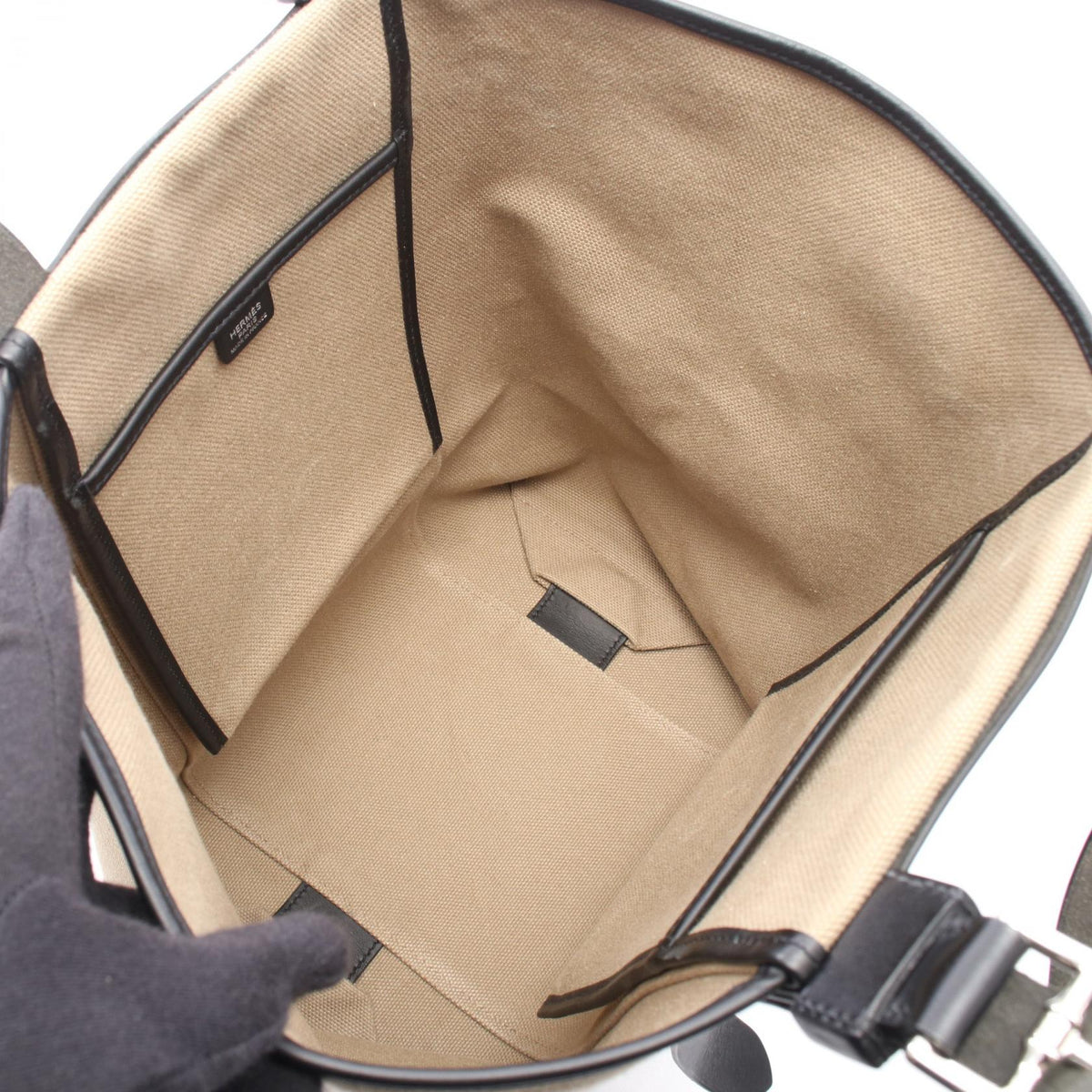 HERMES Etriviere Pocket 27 Tote Bag Khaki/Black Towargo eran leather canvas 2101219888002