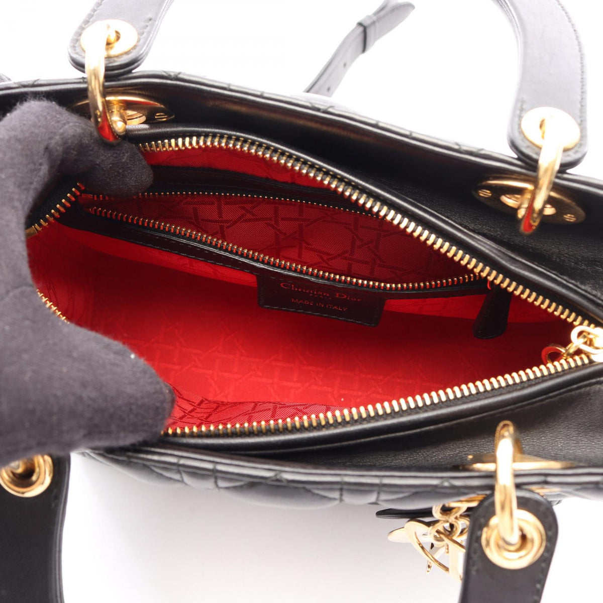 Dior LADY DIOR Christian Dior Medium Cannage 2WAY Handbag Black leather 2101220062972