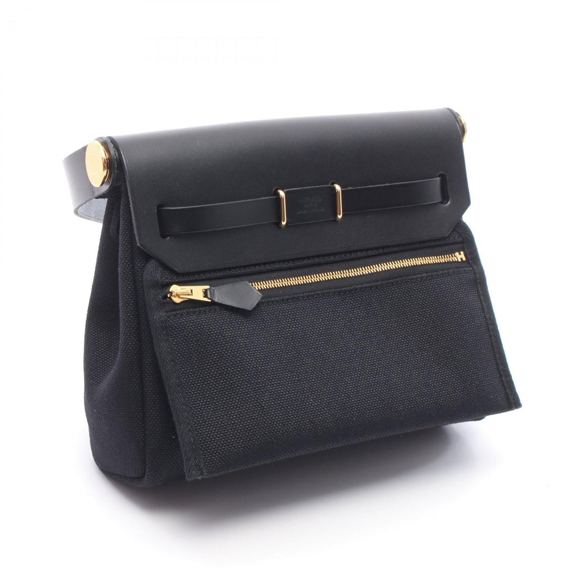 HERMES Airbag Zip Mini Shoulder Bag Black Towar Military canvas leather Toile Military / Vache leather hunter 2101219851556