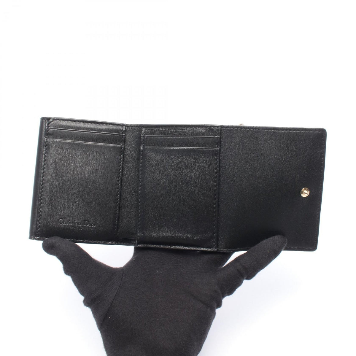 Christian Dior LADY DIOR Lotus wallet Tri-fold long wallet Black leather 2106800636161