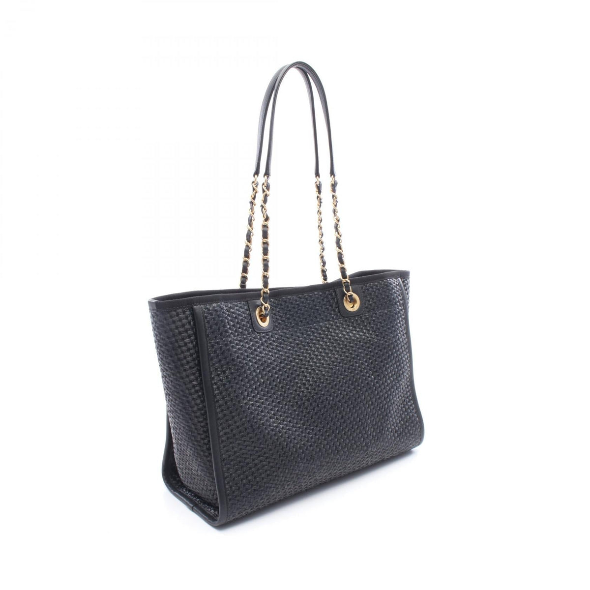 CHANEL Black Deauville leather�straw 2101220074043