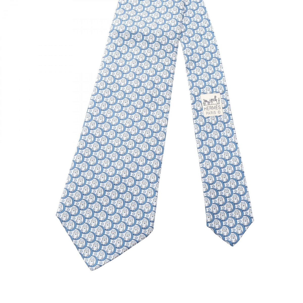 HERMES Owl pattern tie Blue silk silk 2101220050863