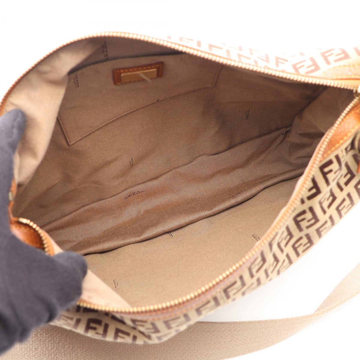 FENDI Zucchino Shoulder Bag Beige/Brown canvas�leather 8BT090 2101219886374