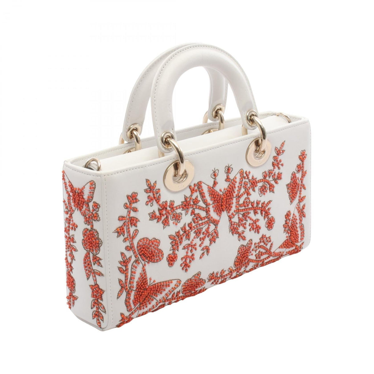 Dior LADY D-Joy Medium Beaded Embroidery Handbag White/Orange leather 2106800639520