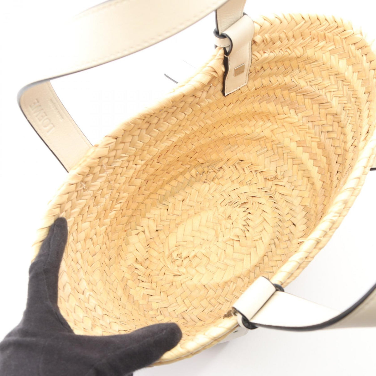 LOEWE Basket bag small Handbag Beige/White leather Raffia 2107601173619