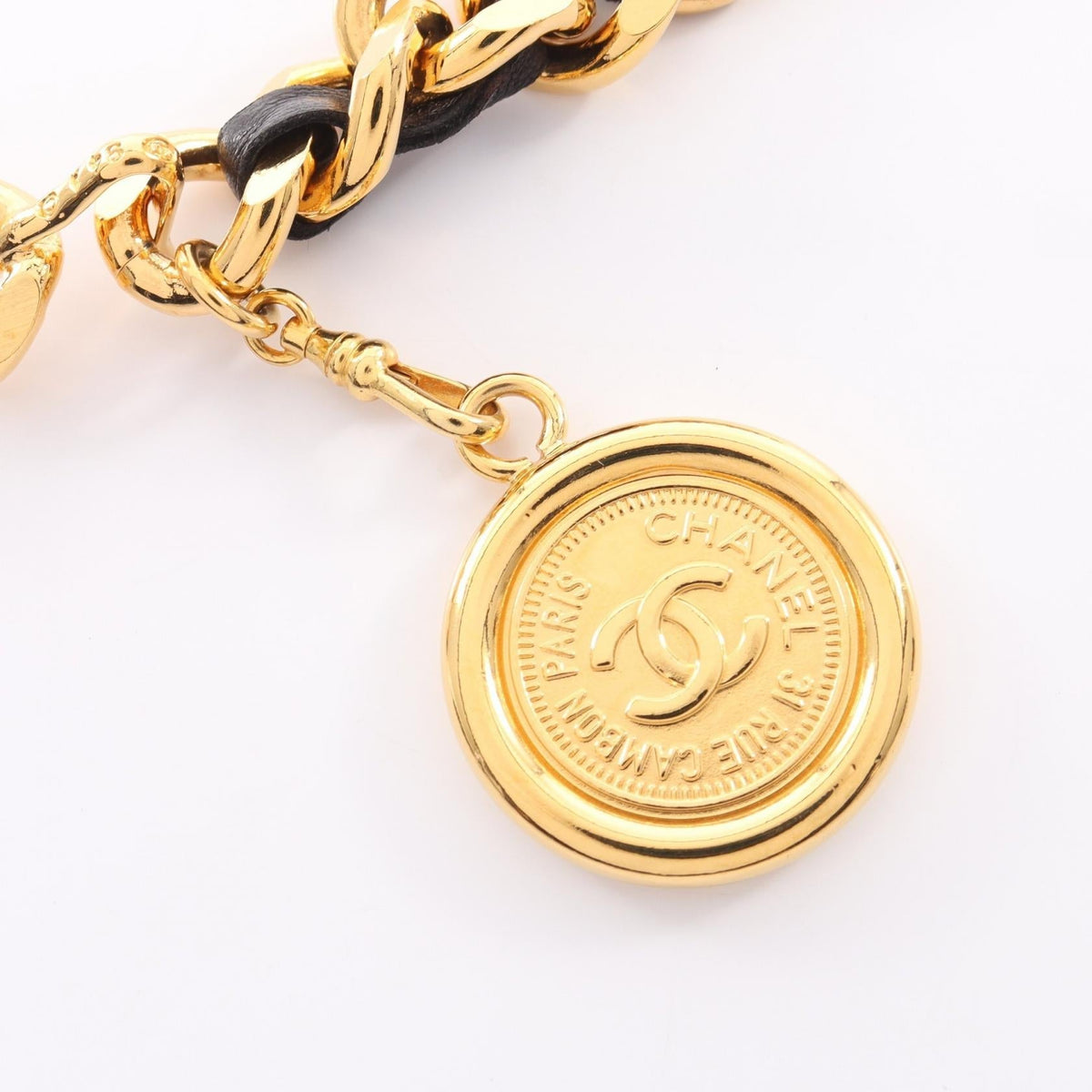 CHANEL Gold/Black COCO Mark Medal Chain leather Gold Plated 2120900136765