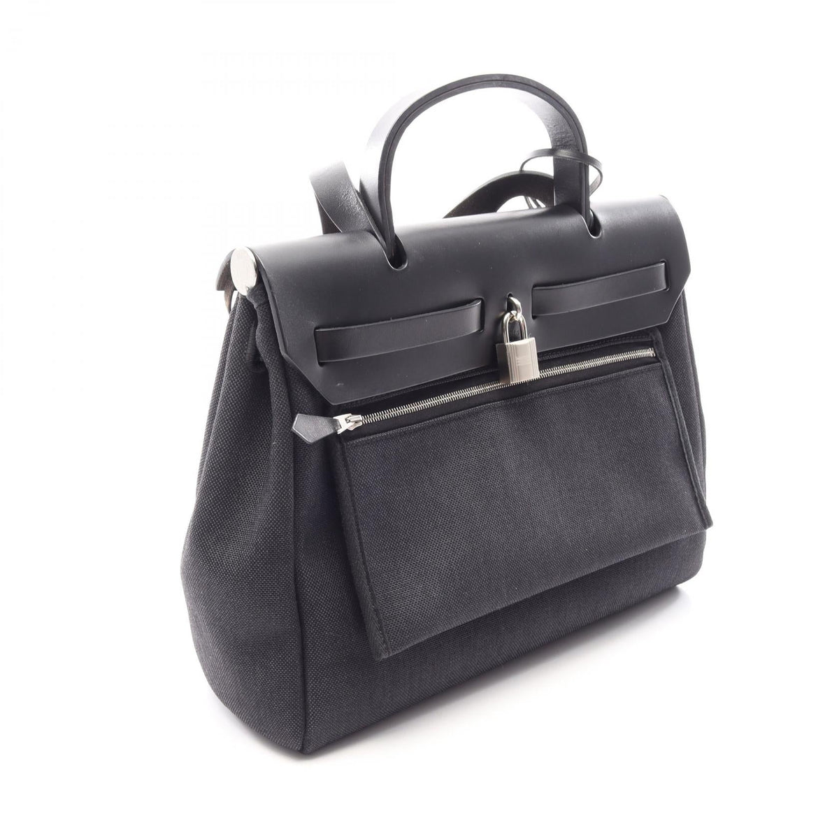 HERMES Herbag Zip PM Letourne 2WAY Handbag Black Towar Military canvas leather Toile Military / Vache leather hunter 2101220127527