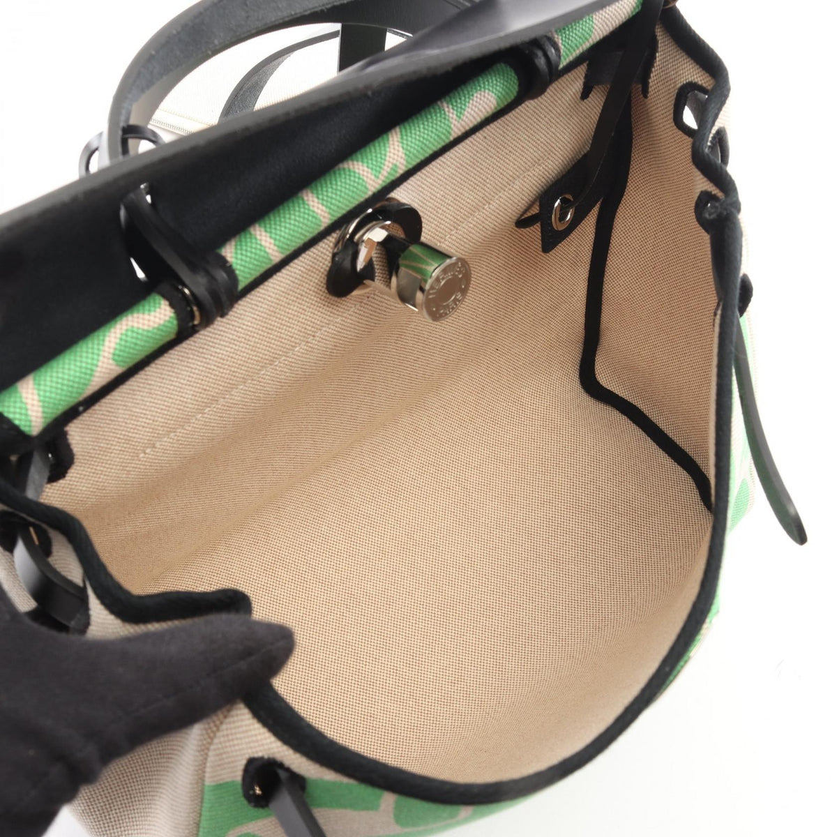 HERMES Herbag Zip PM Maillon HandbagEcru Ecru Beige/Black/Green Toile H canvas leather Toile H / Vache leather Hunter 2101220124656