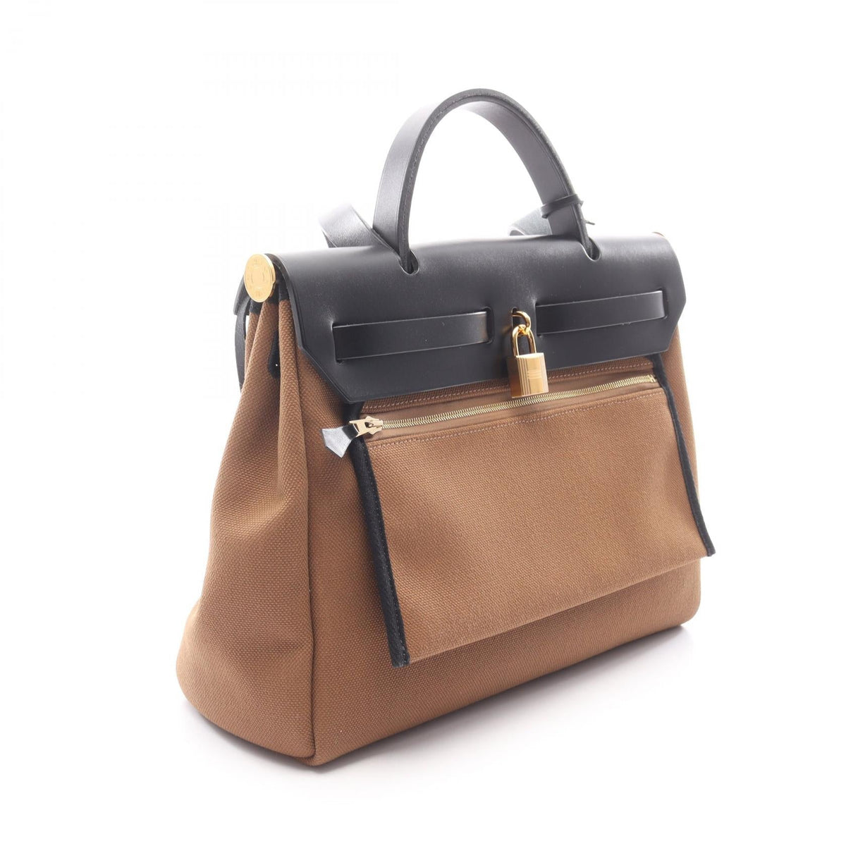 HERMES Herbag Zip PM Letourne Kraft Handbag Brown/Black Towar Military canvas leather Toile Military / Vache leather hunter 2101219689586