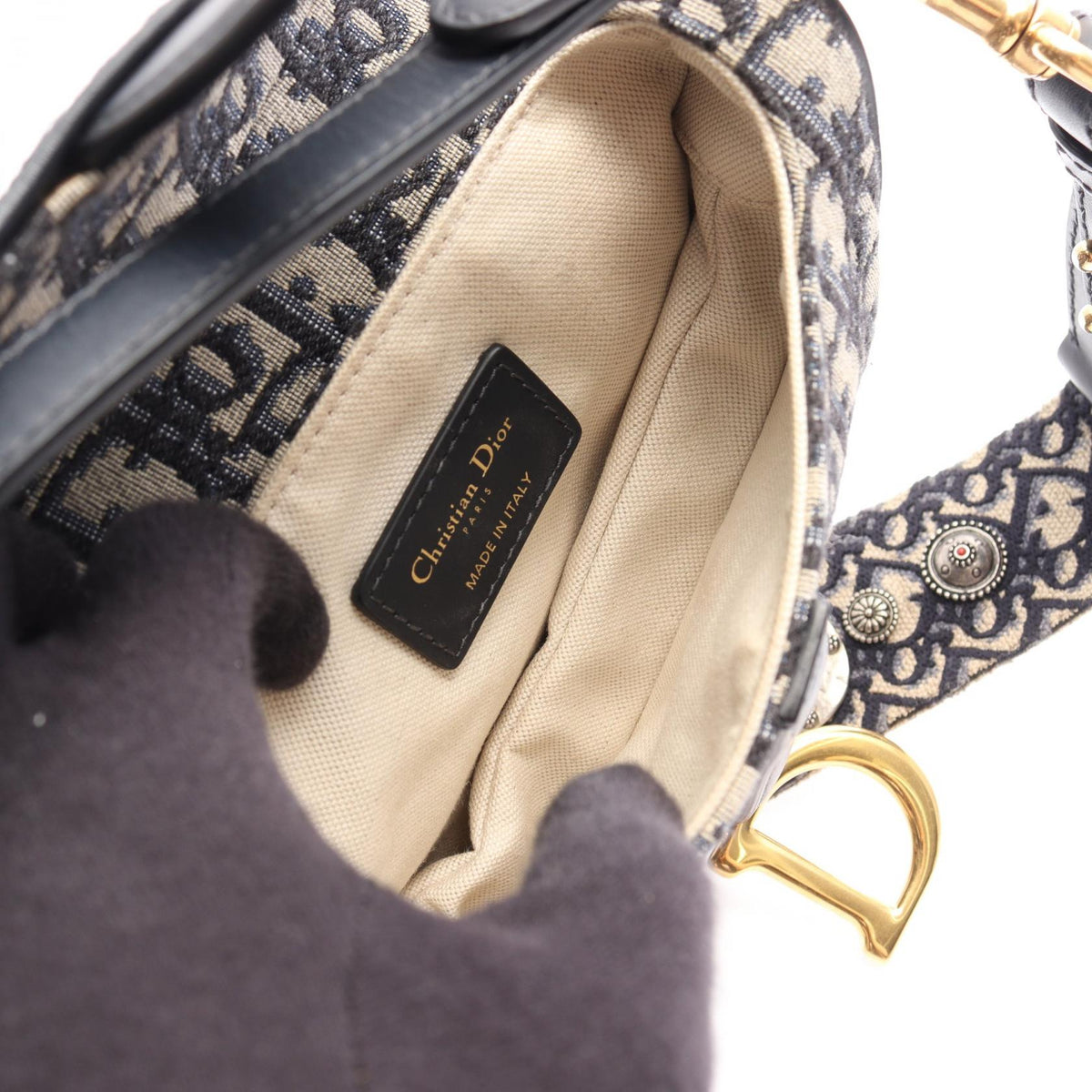 Dior Saddlebag Mini Oblique Jacquard 2WAY Handbag Beige/Navy canvas�leather 2101219988368