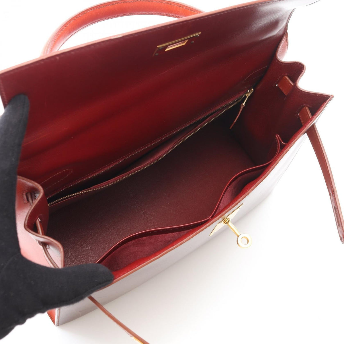 HERMES Kelly 32 Tricolor HandbagRouge H Rouge H Brown/Bordeaux/Brique Box calf leather Calfskin (cowhide) 2101219569703