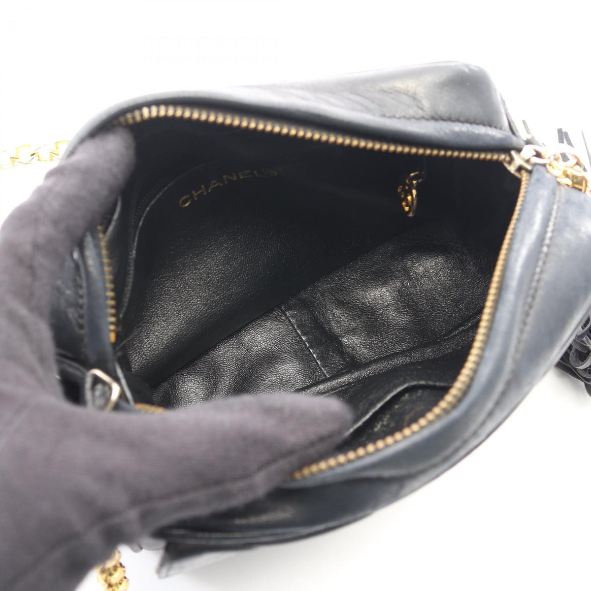 CHANEL Black V-stitch chevron tassel Lambskin (sheep leather) 2104102524797
