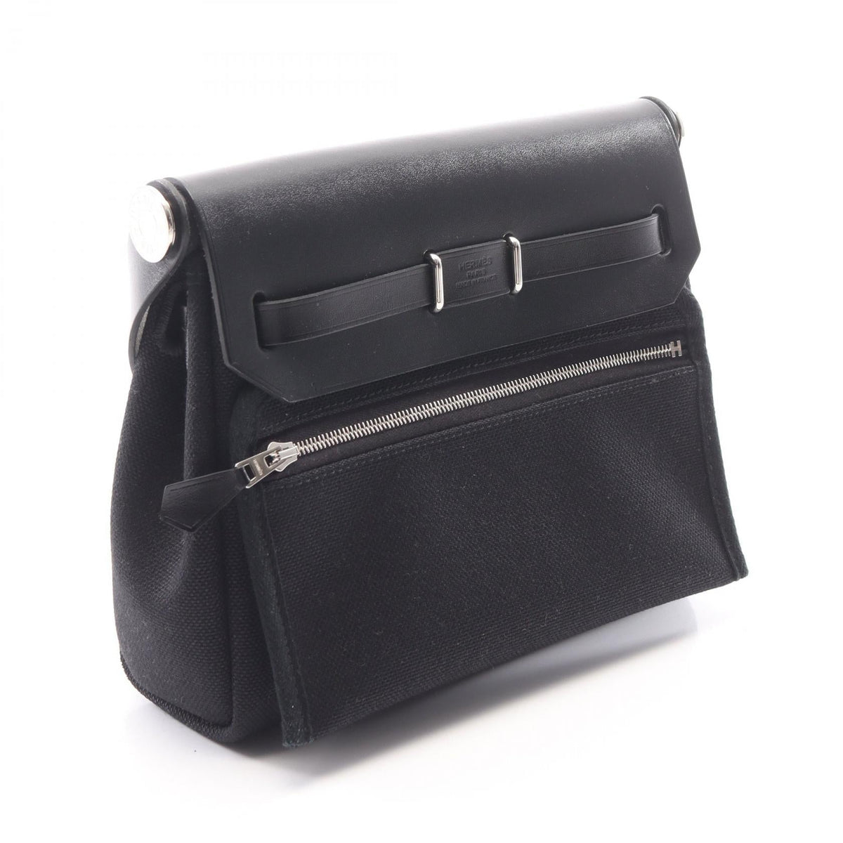 HERMES Airbag Zip Mini Shoulder Bag Black Towar Military canvas leather Toile Military / Vache leather hunter 2101220141912