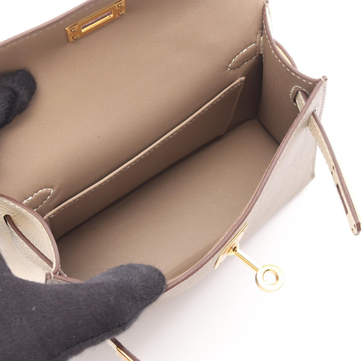 HERMES Mini Kelly 2 Gris asphalt Cle (External stitching, 2-way) Handbag Beige/White Epsom Other Epsom 2104102531832