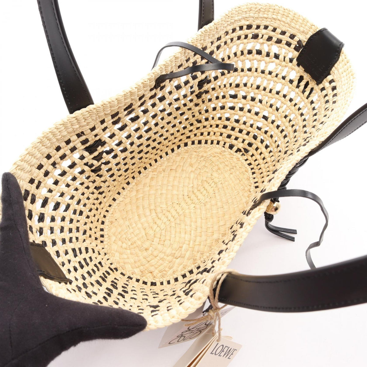 LOEWE Paula's Ibiza Braided Basket Bag Small Tote Bag Beige/Black leather Raffia ASCPIBSX022165 2101220158798