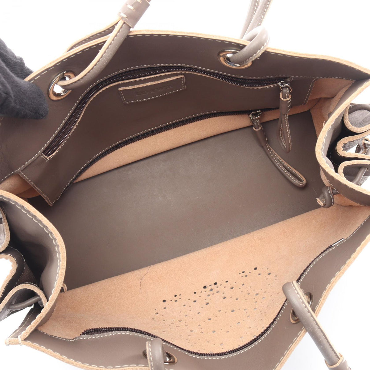 LOEWE Anagram punching Tote Bag Beige leather 2101220140953