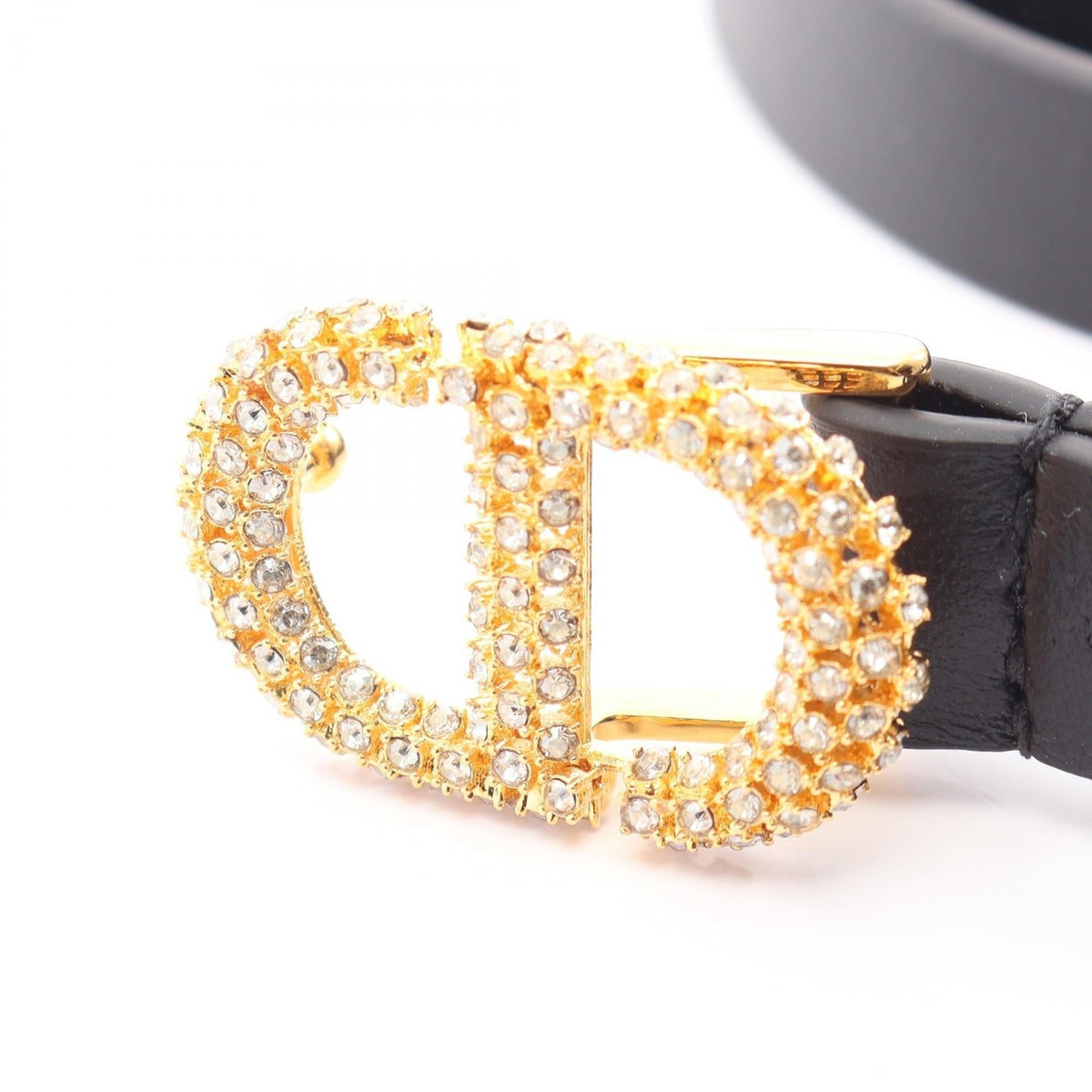 Christian Dior CD logo buckle with rhinestones and gold hardware. belt Black leather 2101220147068