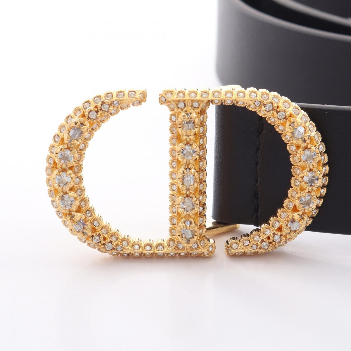 Christian Dior CD logo buckle with rhinestones and gold hardware. belt Black leather 2101220147075