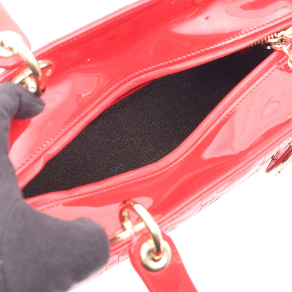 Dior LADY DIOR Christian Dior Cannage 2WAY Handbag Red Patent leather 2101220159658