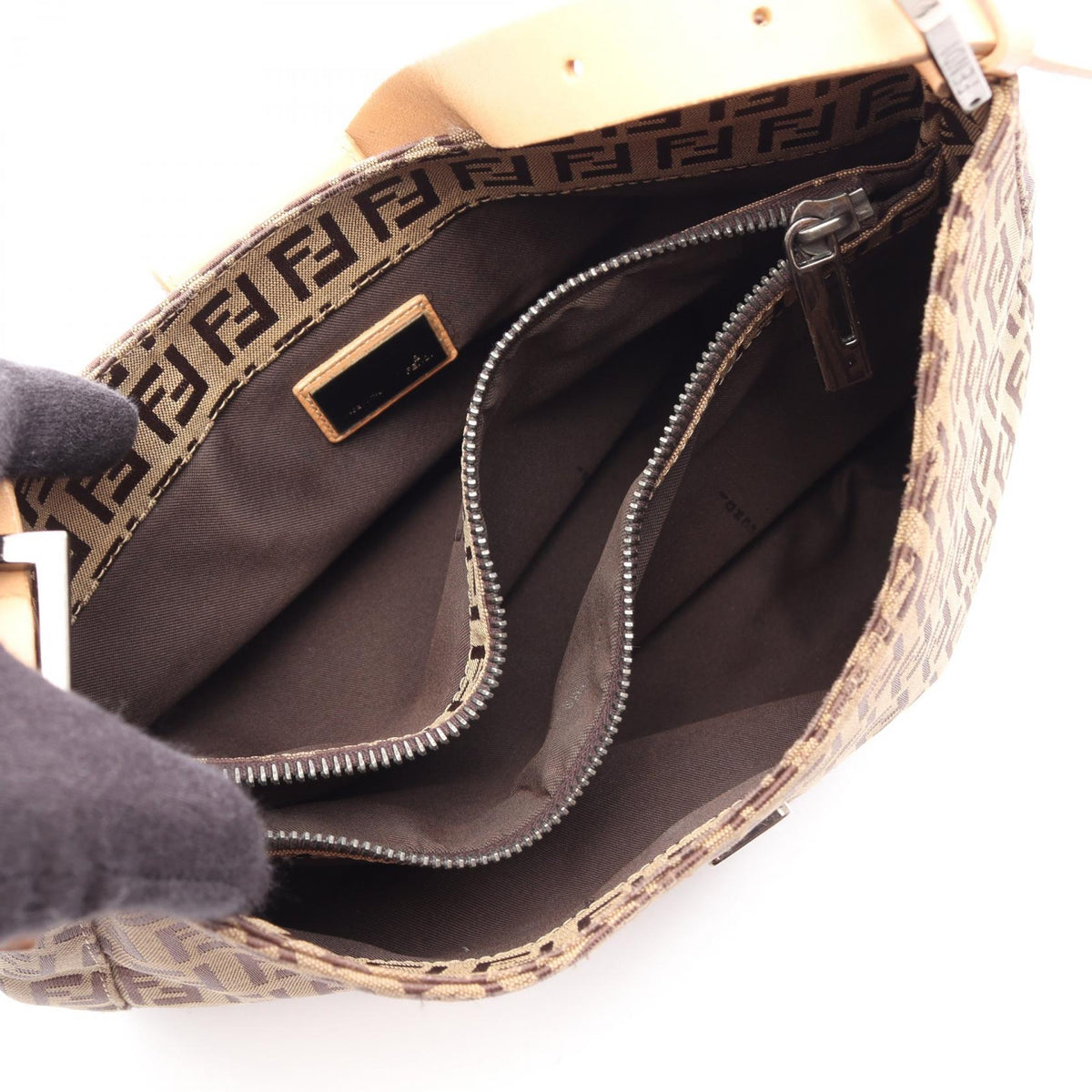 FENDI Zucchino Shoulder Bag Beige/Brown canvas�leather 8BR036 2101220150662